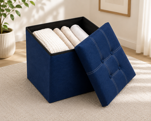 Otomana de Almacenamiento con Tapa, Tapizada en Tela Azul Marino, para Sala de Estar - Product Image 4