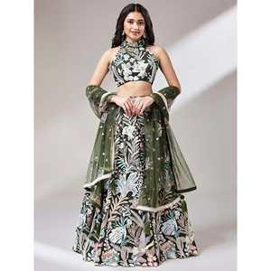 Marvelous Olive Green Sequins Net Lehenga Choli Conjunto de ropa Mehendi elegante para mujer - Product Image 2