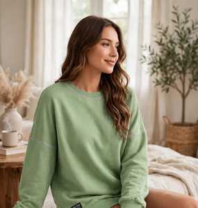 Sweat-shirt à col rond vert sauge pour femme, pull à épaules tombantes, manches longues, haut décontracté - Product Image 5