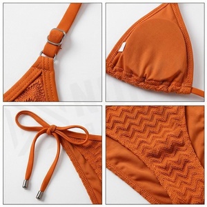 Conjunto de Bikini Texturizado Naranja para Mujer, Top Halter con Lazos Laterales, Braguita de Spandex y Poliéster, Traje de Baño - Product Image 4