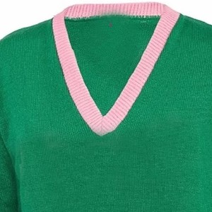 เสื้อสเวตเตอร์คอวีสีเขียวสำหรับผู้หญิง แต่งขอบสีชมพูและแถบลายที่แขนเสื้อ แบบลำลองถักนิตติ้งแขนยาว สไตล์คอลลาจ - Product Image 2