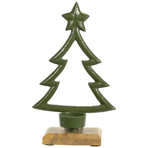 Metal Winter <b>Tree</b> with Star <b>Topper</b> Metal Christmas Tealight Holder With Mango Wood Base - Product Image 5