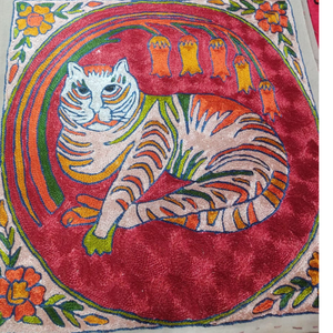 Square Kashmiri Aari Hand Embroidered Cotton pillow cover <b>silk</b> thread Red Cat design eco friendly zip closure Luxury Accent - Product Image 1