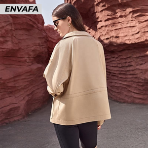 Abrigo Personalizado para Mujer, Chaqueta de Primavera con Bolsillos Grandes y Detalles en Cuero, Abrigo Corto Tipo Gabardina al por Mayor, OEM ODM - Product Image 2