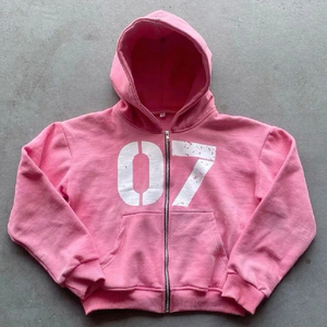 <b>Pink</b> Hooded Zipper <b>Sweatshirt</b> Unisex Regular Fit Casual Fleece Cotton Screen Print Front Pocket Autumn Style - Product Image 1