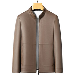 Premium Quality Winter High Street Cow Skin Leather <b>Jacket</b> Men <b>Mandarin</b> <b>Collar</b> Slim Casual Windproof Waterproof Breathable - Product Image 1