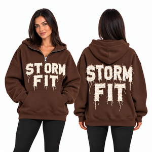 Hoodie demi-zip pour femme, vert sarcelle, coupe Storm Fit, avec appliqué lettres, épaules tombantes, poche kangourou, en polaire décontractée, style streetwear, coupe-vent - Product Image 2