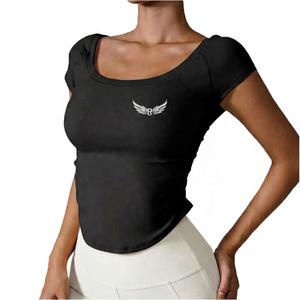 <b>Pink</b> Neck Crop <b>Top</b> With Embroidery Logo Women's Short Sleeve Stretchy Yoga Shirt Solid Color Breathable Fitness - Product Image 4