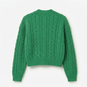 Cardigan en tricot vert pour femme, col en V, manches longues, décontracté, haut d'automne, couleur unie, fermeture à boutons, longueur courte - Product Image 2