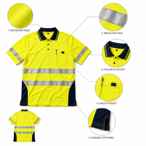 เสื้อโปโลผ้าฝ้ายสะท้อนแสงสีเหลืองสะท้อนแสง ระบายอากาศ กันลม กันน้ำ ไซส์ใหญ่ แต่งขอบสีกรมท่า มีกระเป๋าเสื้อ สำหรับชุดทำงาน - Product Image 4