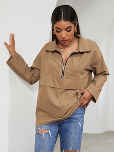 Women Camel Windbreaker <b>Jacket</b> Half Zip Pullover Coat <b>Ladies</b> Fashion Front Pocket Outerwear Casual High Neck Top New - Product Image 3