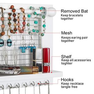 White Wooden <b>Earring</b> <b>Holder</b> Shelf Wall Mounted Jewelry Organizer Featuring Hanging Hooks for Necklace Removable Rod for Bracelet - Product Image 4
