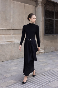 Summer Woven Midi Turtle Neck Casual Regular Sleeve Minimalist Simple Stripes Loose Waist Breathable Front Logo Dresses - Product Image 4