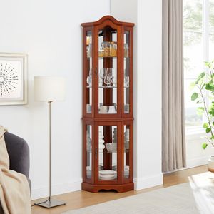 Vetrina Angolare in Noce con Ripiani in Vetro Temperato Regolabili, Specchio e Luci Posteriori Non Incluse, Vetrine e Armadietti per Porcellana - Product Image 2