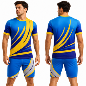 Ensemble maillot et short de football géométrique bleu et jaune pour homme, imprimé par transfert thermique, anti-humidité, en polyester durable, coupe classique - Product Image 1
