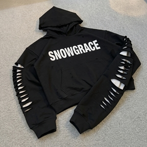 เสื้อฮู้ดดี้สีดำทรงครอป Snowgrace แขนตัดต่อแบบโอเวอร์ไซส์ สไตล์สตรีทแวร์ ใส่ได้ทั้งชายและหญิง เหมาะสำหรับฤดูหนาว - Product Image 6