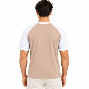 T-shirt décontracté pour homme, beige et blanc, à manches courtes raglan, col rond, bicolore, 100 % coton, personnalisable OEM, vente en gros, séchage rapide, respirant - Product Image 2