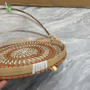 Woven straw food <b>cover</b> with orange pattern Kitchenware and <b>table</b> decoration Wholesale eco-friendly Made in Vietnam - Product Image 3