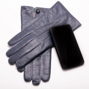 Womens Handmade Blue Gray Leather <b>Gloves</b> Green Trim Soft Winter Full Finger Outdoor Party Elegant Driving Warm Lined Snap - Product Image 6