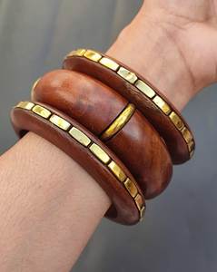 Thick Premium Natural Wood Bangle <b>Bracelet</b> with Striped Design Polished Finish Antique Imitation Round Shape - Product Image 2