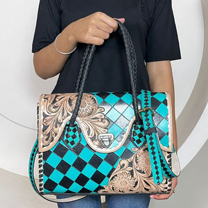 Bolso Tote de Cuero Genuino de Vaca Hecho a Mano Premium 2026 con Patrón a Cuadros y Floral, Bolso de Hombro Estilo Vaquera, Bolso de Diseñador - Product Image 4