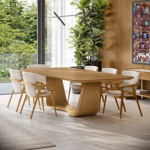 Juego de Comedor Curvo de Teca Estilo Escandinavo, Muebles Modernos de Madera Maciza con Sillas Tapizadas para Interiores de Lujo - Product Image 1