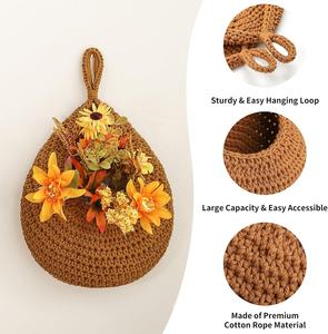 3-Pack Hand-Crocheted Jute Hanging <b>Basket</b> Set | Rustic Farmhouse <b>Wall</b> Mounted Fruit & Vegetable <b>Baskets</b> - Product Image 1