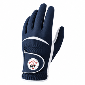 Gant de golf en cuir véritable bleu marine de qualité supérieure avec bordure blanche, doigts respirants, sangle de poignet réglable à scratch pour usage unisexe - Product Image 1
