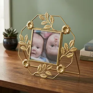 Artisan Design Pf1124 <b>Gold</b> Metal Portrait <b>Photo</b> <b>Frame</b> Tabletop with Floral Leaf Decor Home Decor - Product Image 1