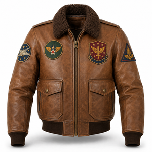 Chaqueta Bomber de Cuero Genuino Vintage para Hombre con Diseños de Parches Bordados, Forro de Sherpa, Cierre de Cremallera, Ropa de Invierno - Product Image 2