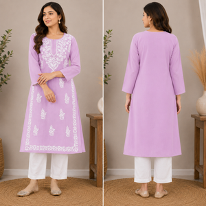 Kurti Recto Lilac con Bordado a Mano Lucknowi Chikankari, Túnica Étnica de Algodón Simple y Elegante, Top Color Lavanda Claro para Mujer - Product Image 4