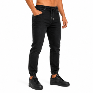 Men's Black High <b>Waist</b> Slim Fit Denim <b>Jeans</b> With Drawstring <b>Elastic</b> <b>Waist</b> And Cuffed Ankle Casual Style Autumn Wear - Product Image 3