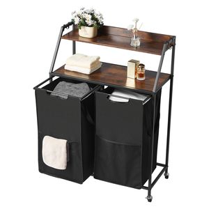 Cesto Portabiancheria a 2 Livelli con Struttura in Metallo e Piano in Legno, Organizzatore con 2 Sezioni e Ruote, in Tessuto di Bambù per Vestiti - Product Image 1