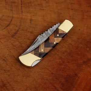Couteau pliant de haute qualité en acier Damas de qualité industrielle, manche en bois d'olivier et de palissandre, embout en laiton, étui, couteau de chasse EDC de poche - Product Image 3