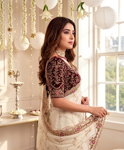 Elegant Cream Silk <b>Saree</b> With Floral Embroidery And <b>Maroon</b> Blouse For Wedding Occasion Women Traditional Wear - Product Image 3