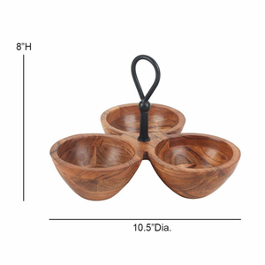 Bol à collation rustique en bois à 3 compartiments avec poignée en métal noir, plateau de service durable en acacia pour noix, sauces et traiteur de luxe - Product Image 2