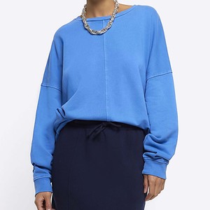 Sweat-shirt en coton bleu surdimensionné, taille plus, à épaules tombantes, à capuche, manches régulières, couleur unie, brodé, automne, été, hiver - Product Image 1