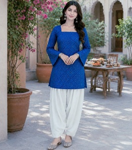 Blue Bandhej Printed Patiyala Set Women Salwar Kameez Traditional Indian Pakistani Outfit Party Wear Bandhej Cotton <b>Kurti</b> - Product Image 2