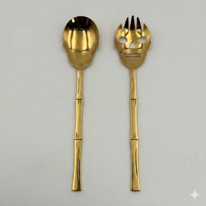 Juego de 2 Servidores de Ensalada con Diseño de Calavera, Cuchara y Tenedor de Metal con Mango Estilo Bambú, Acabado Dorado - Product Image 1