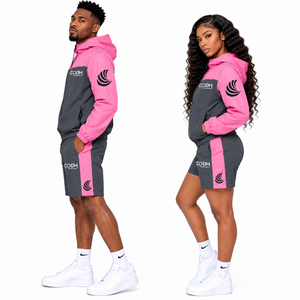 Ensemble de survêtement coupe-vent unisexe léger rose et gris avec blocs de couleur, capuche zippée, design sportif, en polyester respirant - Product Image 3