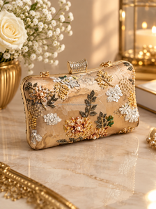 Floral Half Moon <b>Pearl</b> Beaded Casual <b>Clutch</b> <b>Bag</b> Women Handmade Evening Party Purse Gold Tone Embroidered Fashion Handbag - Product Image 2