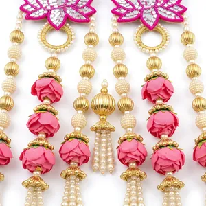 Guirlande élégante de fleurs de lotus roses perlées avec pompons de perles pour la décoration de la porte d'entrée, du mur, des fêtes de Pooja et des mariages - Product Image 4