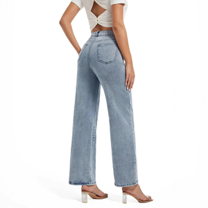 Jean décontracté unisexe à jambe large, coupe droite, délavé moyen, taille mi-haute, en denim tricoté, style streetwear, vente en gros OEM ODM - Product Image 3