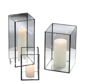 Set of 3 <b>Square</b> Glass <b>Candle</b> Holders Colorful Frosted Amber Black Clear Valentine Print Handmade Silk Metal Cylinder - Product Image 1