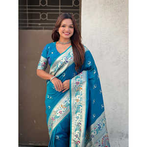 Denim Blue Chandrakor Paithani Silk Banarasi Zari Woven Saree <b>Indian</b> & <b>Pakistani</b> <b>Clothing</b> - Product Image 5