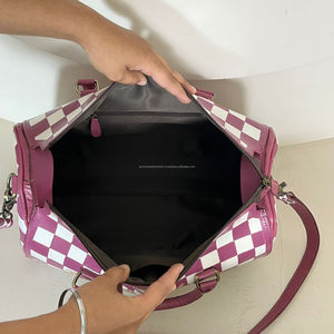 Western Pattern 2026 Pink & White Checkered Hand <b>Tooled</b> Genuine Cow <b>Leather</b> Speedy Bag Cowgirl Stylish Crossbody Duffel Bag - Product Image 6