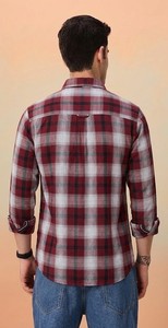 Chemise décontractée pour homme en flanelle 100% coton, à carreaux marron et blanc, double boutonnage, manches longues, col rabattu, respirante et infroissable - Product Image 3