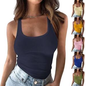 Camisetas sexys de corte bajo, acanaladas, ajustadas, informales, básicas, blusas sin mangas para mujer, camiseta sin mangas, ajustada, transpirable, de poliéster - Product Image 1