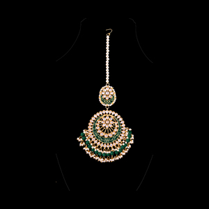 Indian Kundan Womens Floral Chain Maang Tikka Gold Plated with Emerald Stones Wholesale Bohemian - Product Image 2