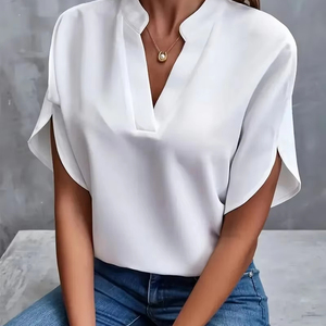 Chemisier élégant à manches courtes pour femmes, col montant, col en V, coupe ample, décontracté, chemise légère et douce à la mode - Product Image 6